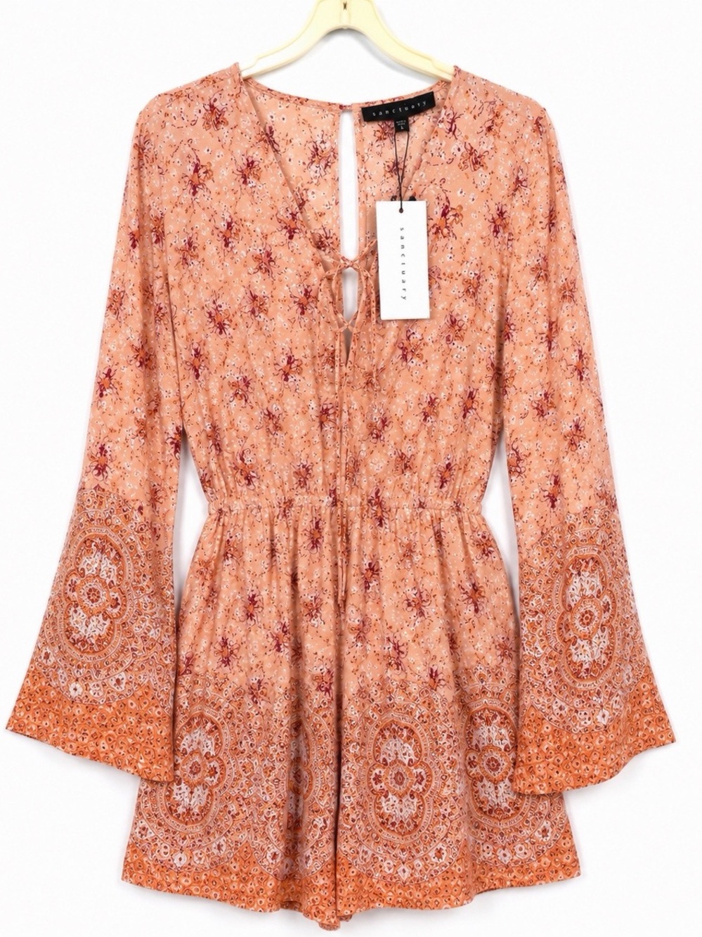 Sanctuary Floral Boho Romper | Long Sleeve | Size Large | Peach Multi